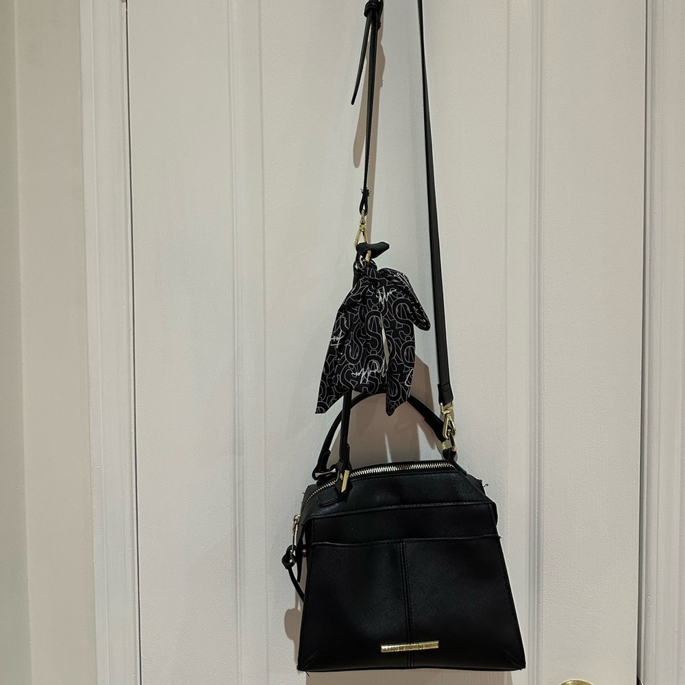 Steve Madden Black Crossbody Bag with Patterned Scarf Accent